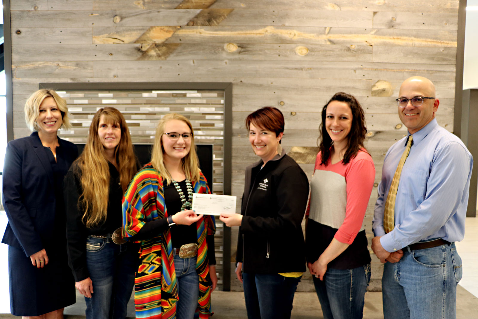 Left to right: Heidi Edmunds, V.P. for Academic Services, Dr. Georgia Younglove, Livestock Judging and Show Team coach, Myca Cantrell, Student, Kelly Downer, Farm Credit Services of America, Kaitlyn Steben, Agriculture Instructor, and Dr. Monte Stokes, Agriculture Department Head/Instructor. 