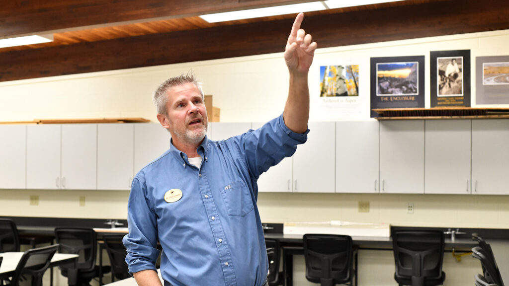 Steve Howard, the new professor of Archaeology and Anthropology, explains changes he is making to a classroom at Eastern Wyoming College to make it a lab. He will work to develop a degree and certificate program in Archaeology and Anthropology at EWC.