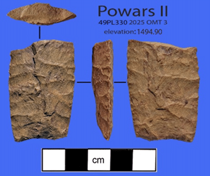 Four views of a brown, roughly edged stone artifact labeled “Powars II 49PL330 2025 OMT 3 elevation: 1494.90,” shown against a blue background with a black and white centimeter scale for size reference.