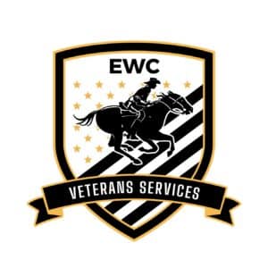A shield-shaped logo with EWC at the top, featuring a silhouette of a cowboy riding a horse, yellow stars, black diagonal stripes, and a banner below reading Veterans Services.