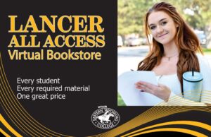 A smiling student holding papers and a tumbler is featured beside text promoting the Lancer All Access Virtual Bookstore at Eastern Wyoming College, highlighting access to required materials for every student at one price.