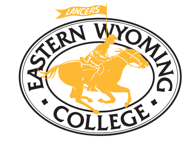 Eastern Wyoming College logo: a yellow silhouette of a rider on a horse holding a Lancers flag, inside a black oval with the text Eastern Wyoming College..